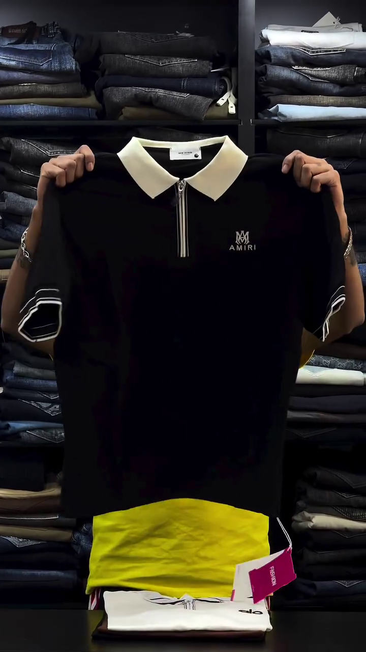 Men Black Short-Sleeves Collar Contrast Jacquard KL Polo