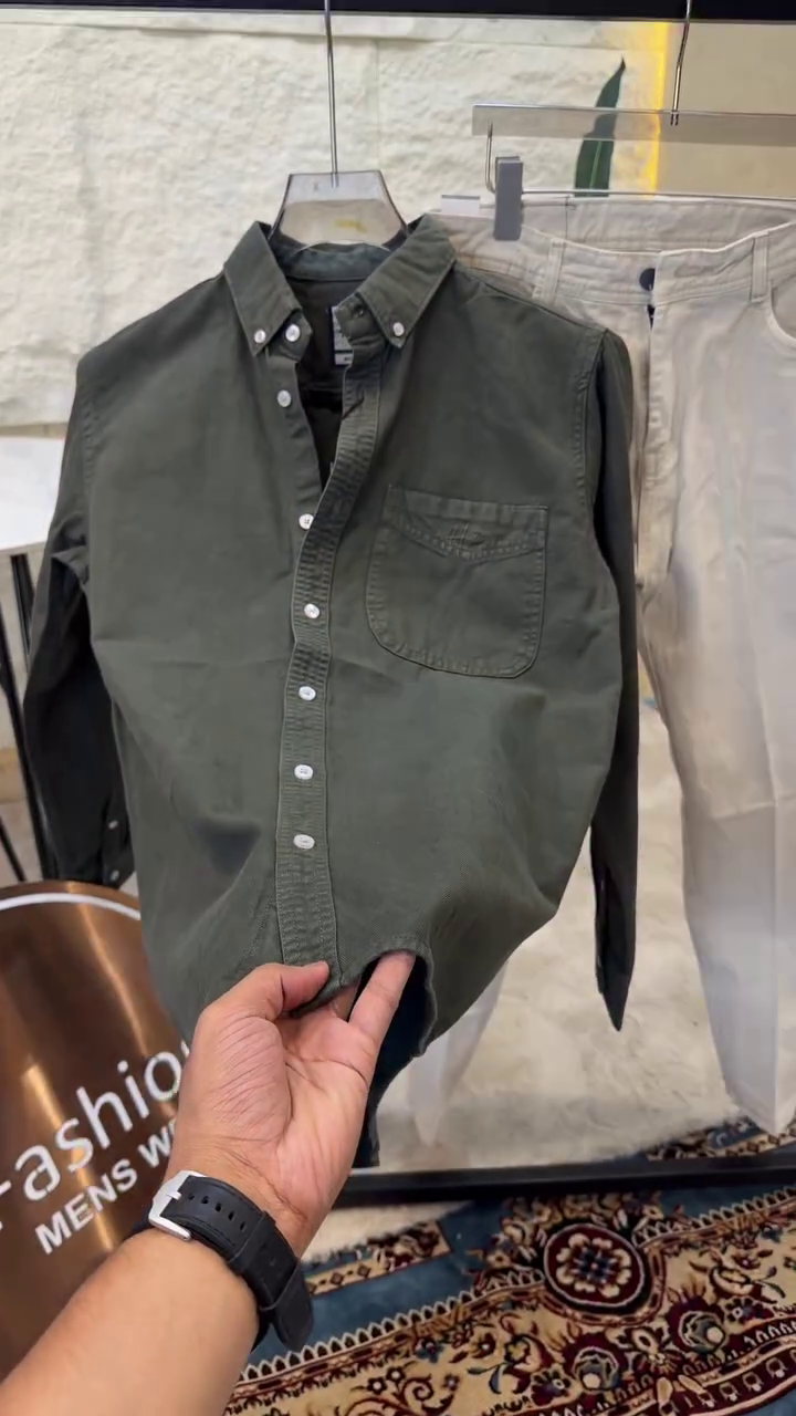 Men Button-Down Collar Solid Cotton Casual Shirt