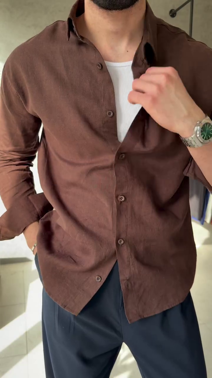 Relaxed Fit Textured Cutaway Collar Cotton Shirt