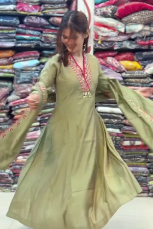 Sequence Embroidered Pure Cotton Anarkali Kurta With Trousers & Dupatta