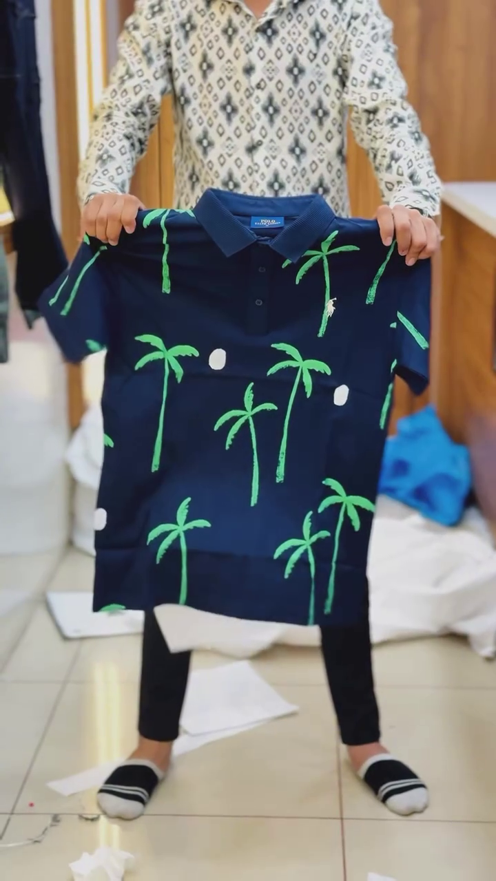 Floral Printed Polo Collar Cotton T-shirt - Image 7