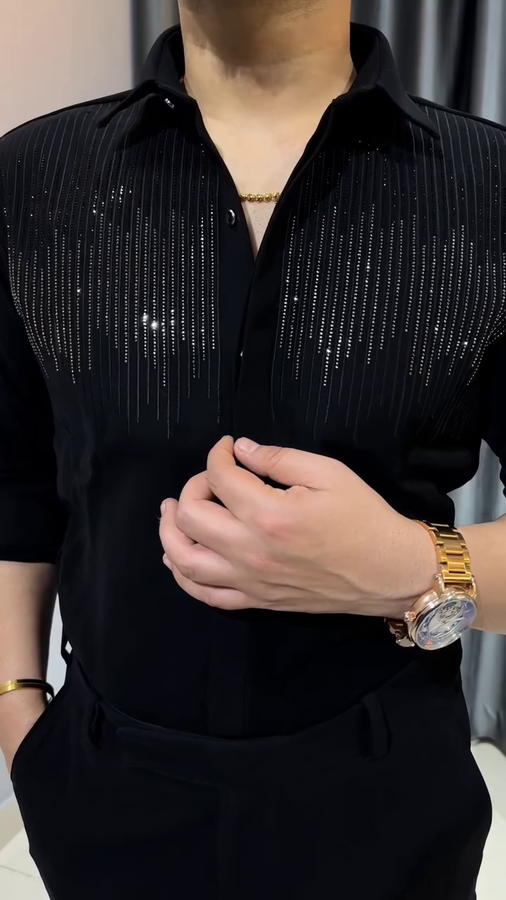Men Shirt | Slim Fit Full Sleeve Point Collar with Sequin Embellishment - Image 7