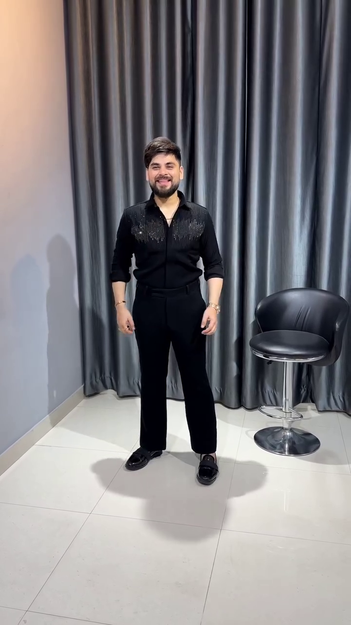 Men Shirt | Slim Fit Full Sleeve Point Collar with Sequin Embellishment - Image 5