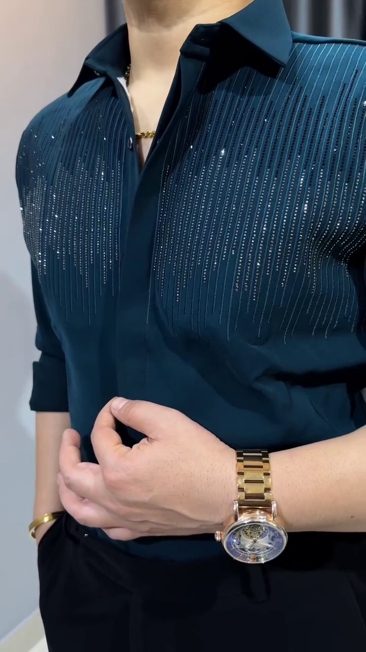 Men Shirt | Slim Fit Full Sleeve Point Collar with Sequin Embellishment - Image 4