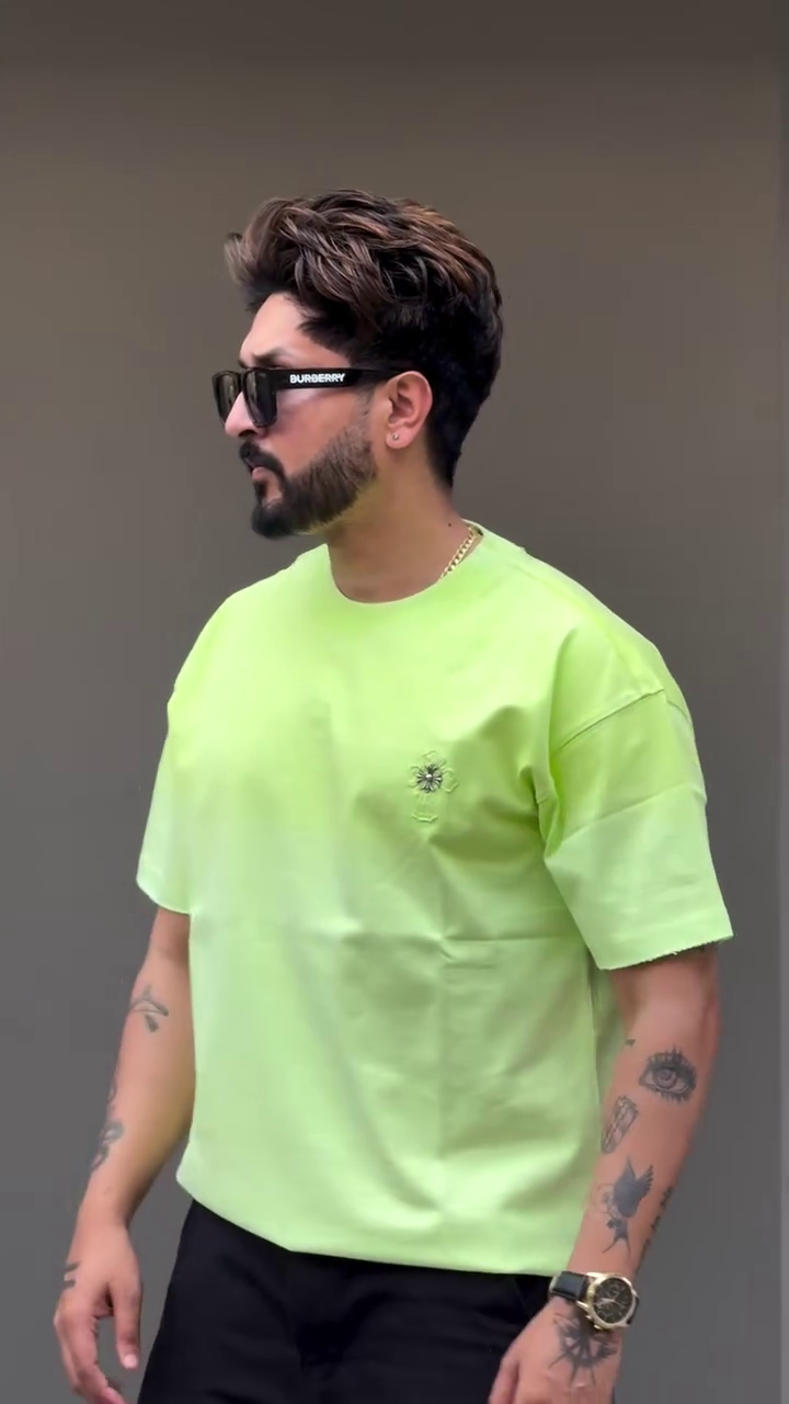 Men Printed Lime Green Cotton Oversized Fit T-Shirts - Image 7