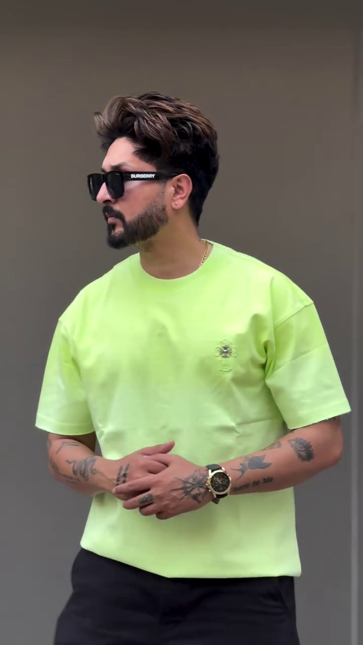 Men Printed Lime Green Cotton Oversized Fit T-Shirts